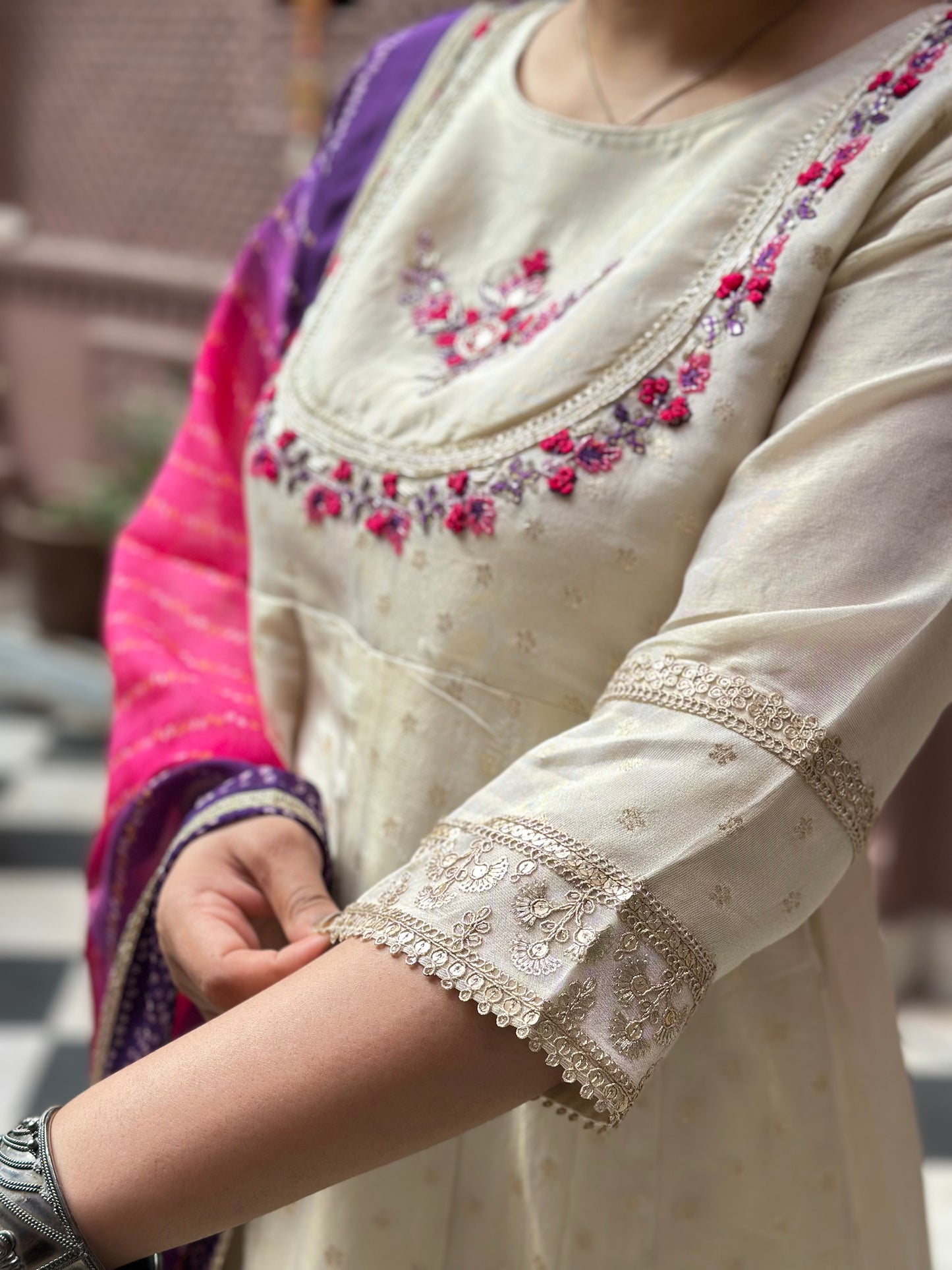 Women's White Anarkali Kurta Set with Adda Work & Organza Dupatta – Festive Wear (RR1017-White)