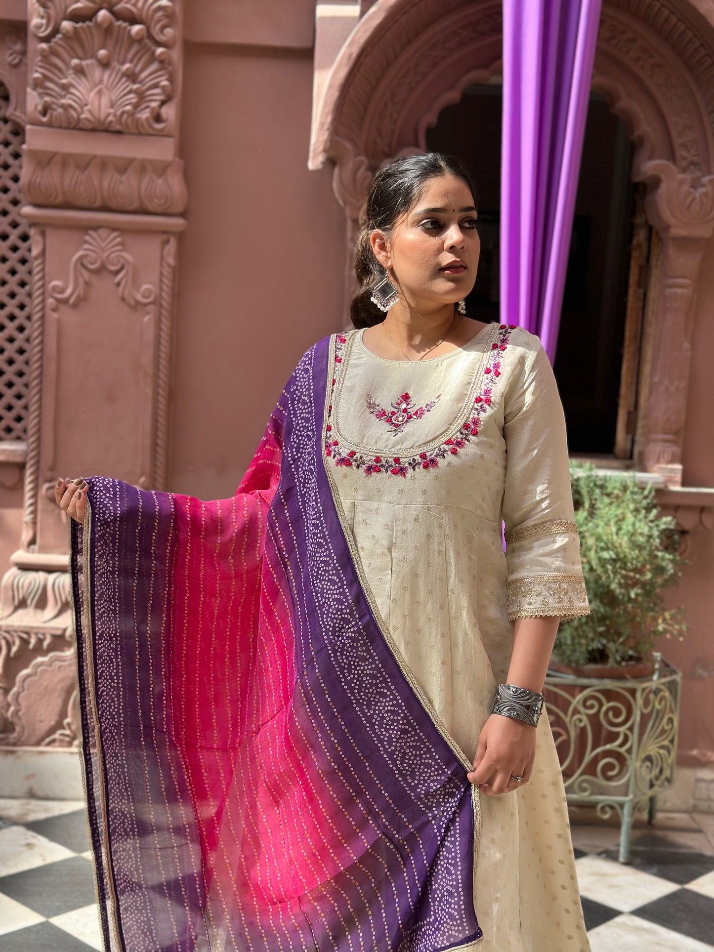 Women's White Anarkali Kurta Set with Adda Work & Organza Dupatta – Festive Wear (RR1017-White)