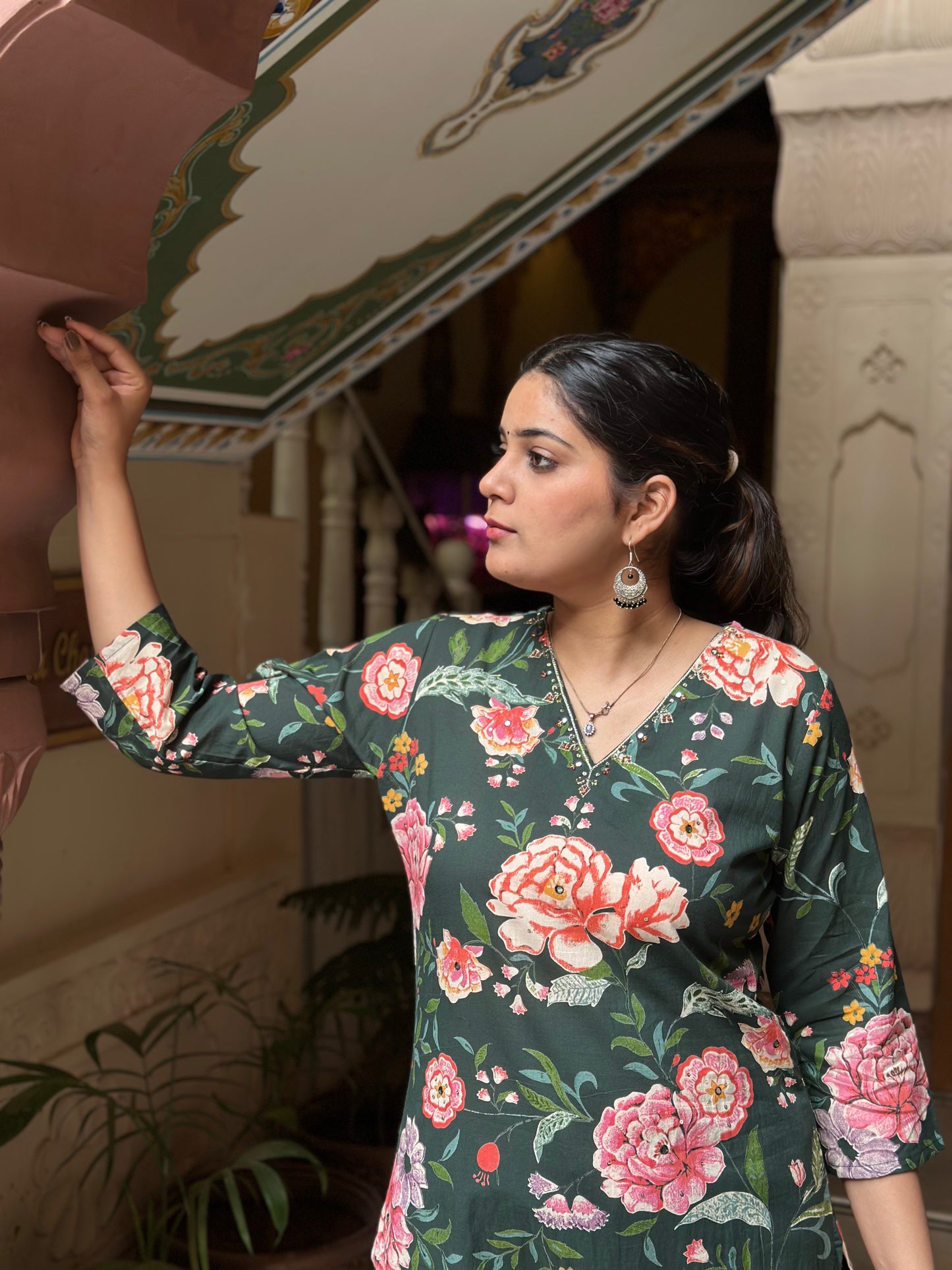 Women's Green Cotton Straight Kurta Set with Adda Work & Printed Design – Festive Wear (RR1029-Green)