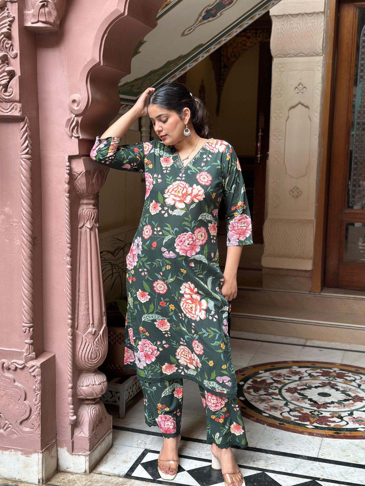 Women's Green Cotton Straight Kurta Set with Adda Work & Printed Design – Festive Wear (RR1029-Green)
