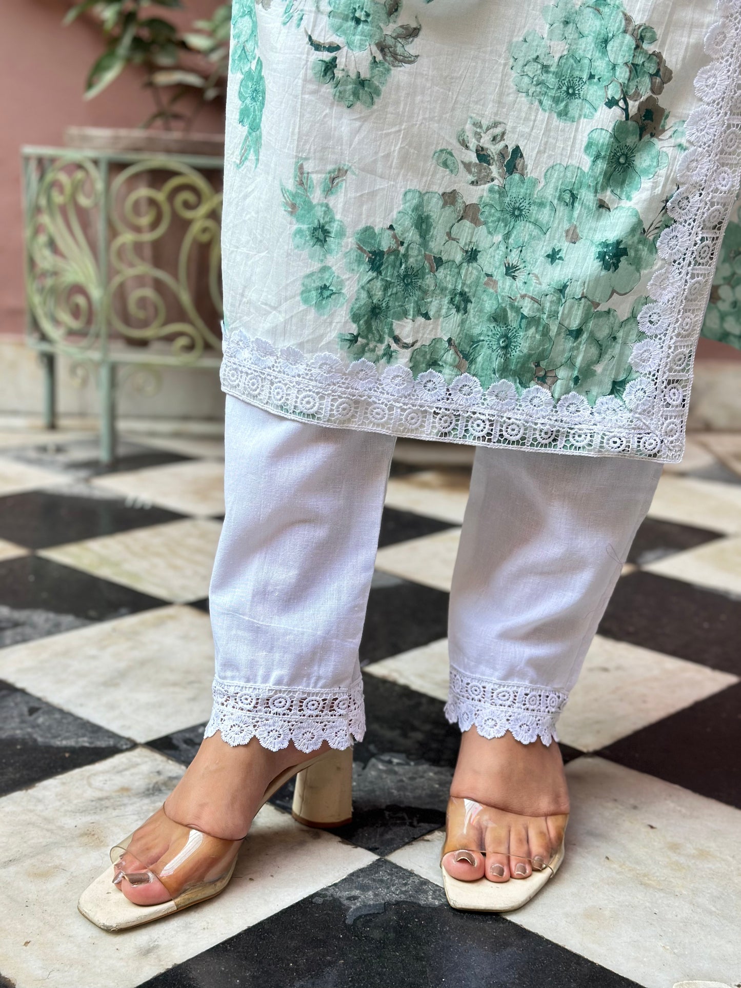 Women's White Cotton Straight Kurta Set with Embroidery, Lace Work & Tassels – Festive Wear (RR1032-White)
