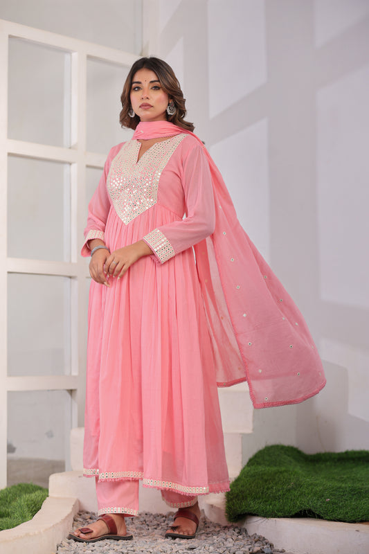 Pink Anarkali Cotton Kurta Set – Mirror Embroidery Festive Wear (RR1055-Pink)