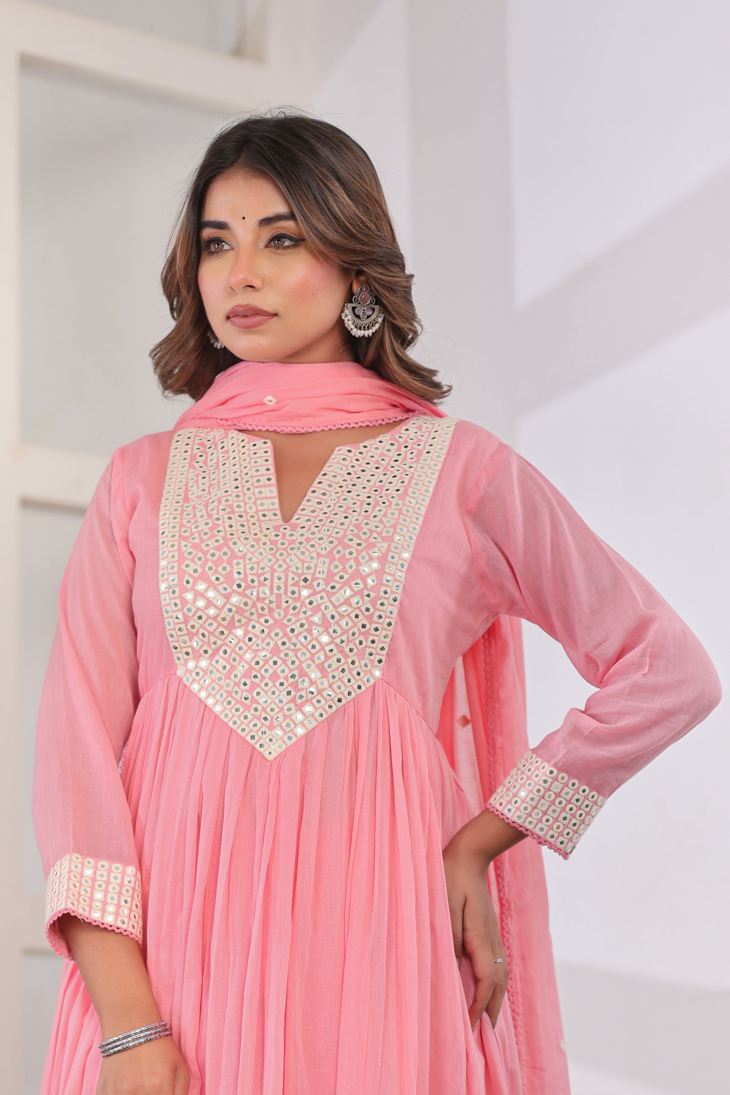 Pink Anarkali Cotton Kurta Set – Mirror Embroidery Festive Wear (RR1055-Pink)