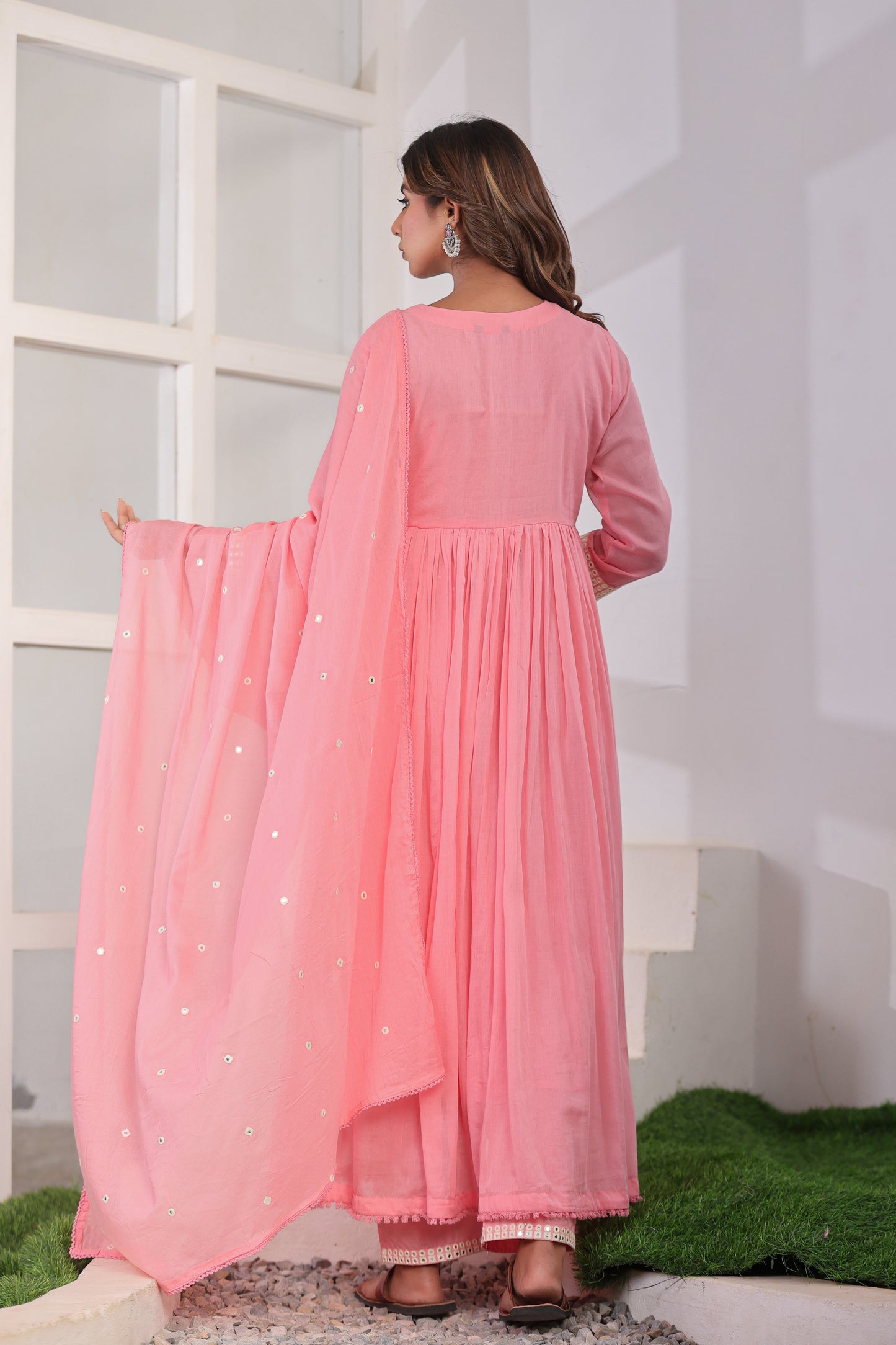 Pink Anarkali Cotton Kurta Set – Mirror Embroidery Festive Wear (RR1055-Pink)