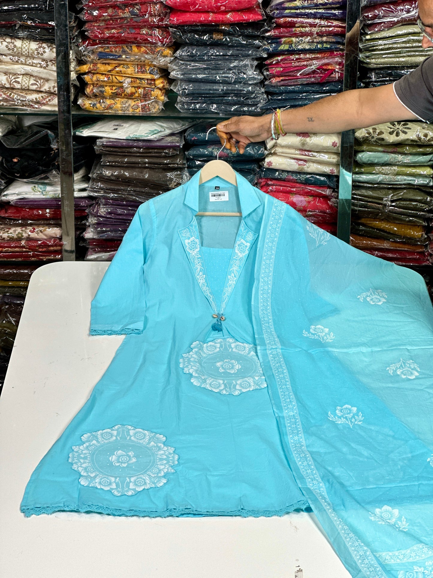 Skyblue Anarkali Cotton Kurta Set – Thread Embroidery Festive Wear (RR1373-Skyblue)