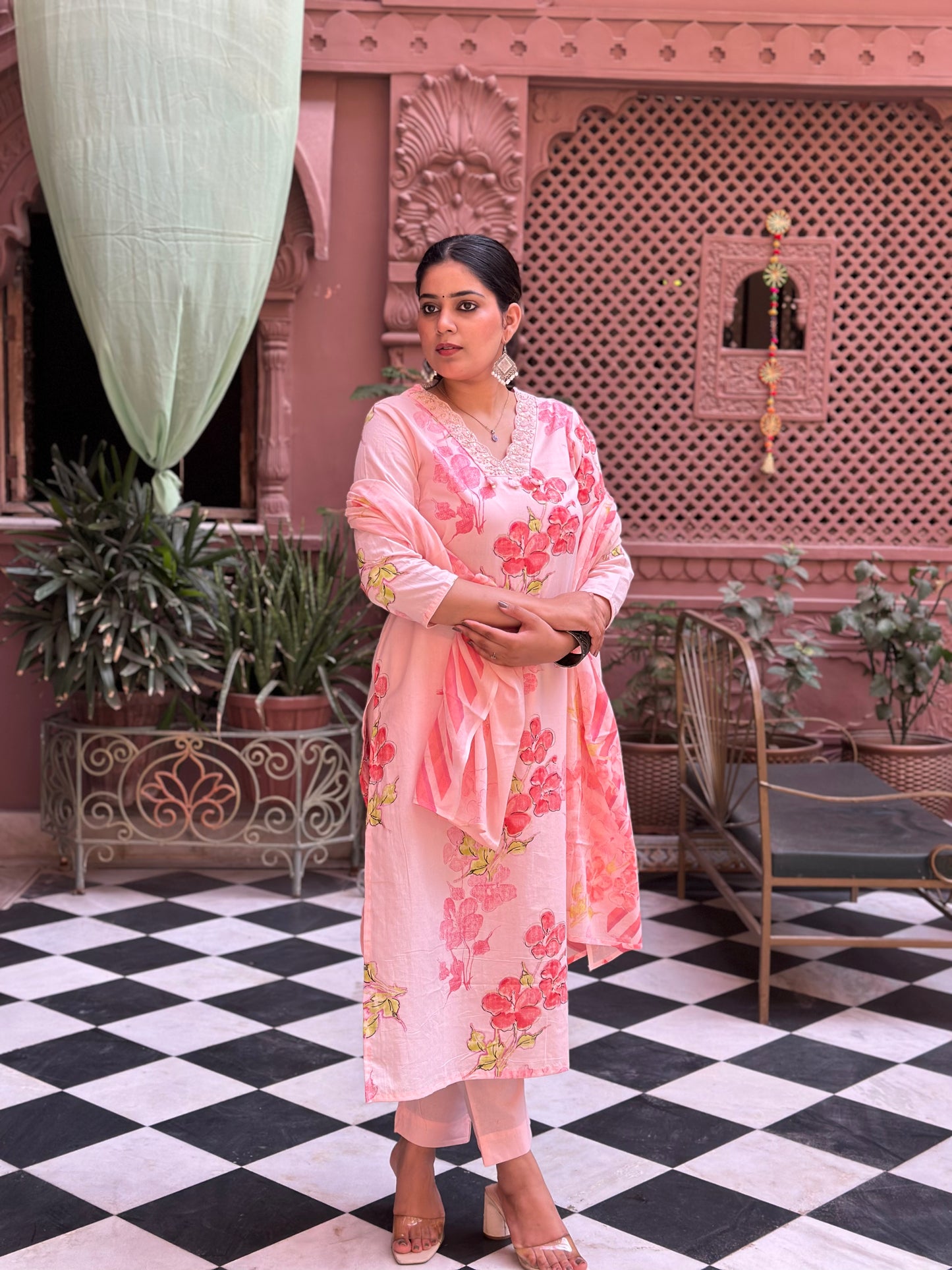 Women's Peach Cotton Straight Kurta Set with Adda Work – Festive Wear (RR1005-Peach)