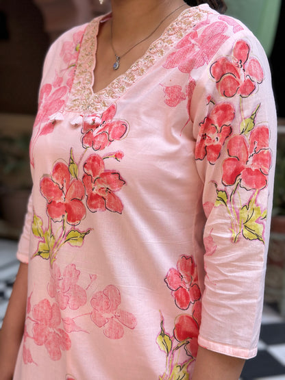 Women's Peach Cotton Straight Kurta Set with Adda Work – Festive Wear (RR1005-Peach)
