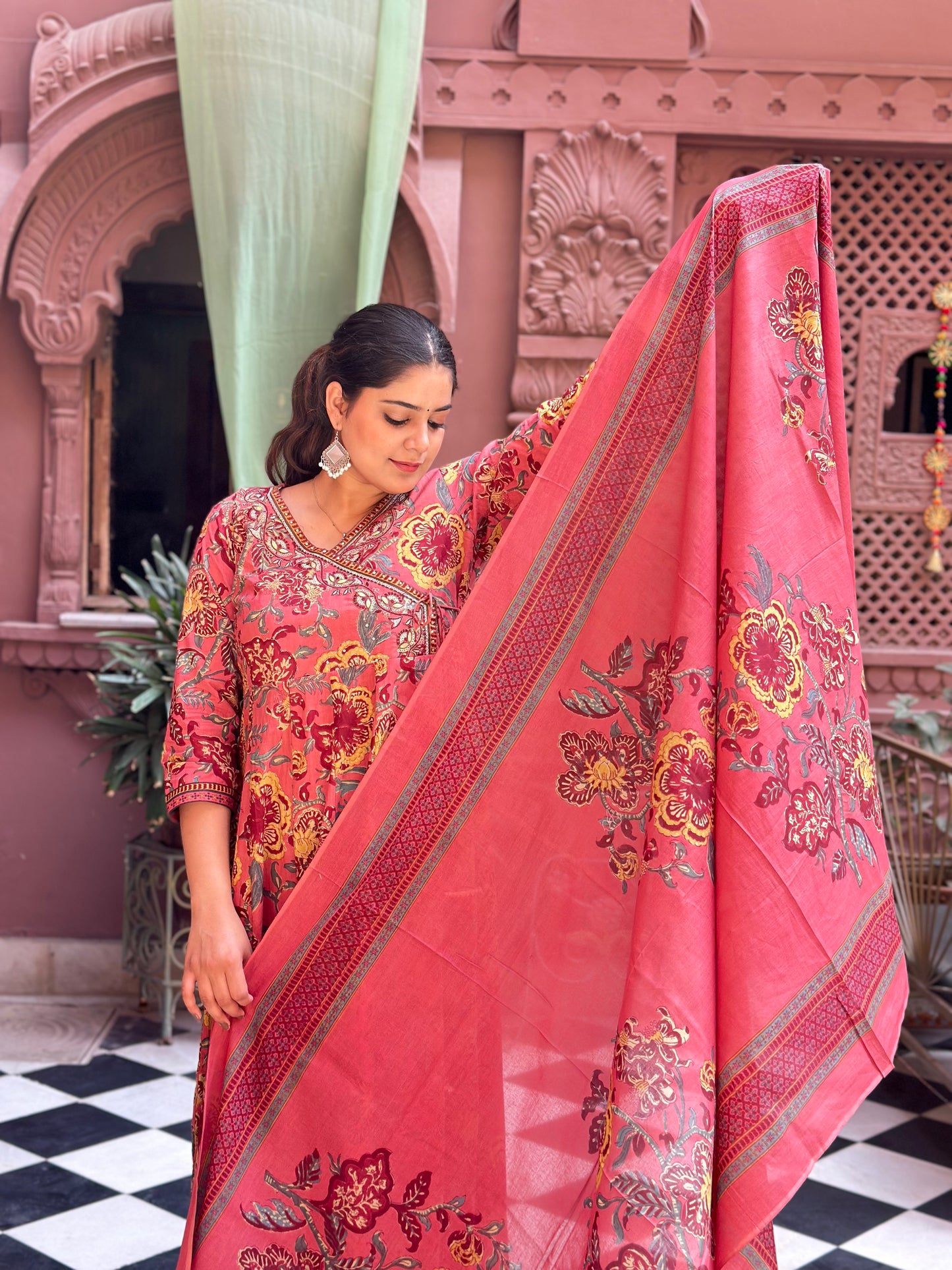 Women's Pink Embroidered Cotton Anarkali Kurta Set with Adda Work – Festive Wear (RR1011-Pink)