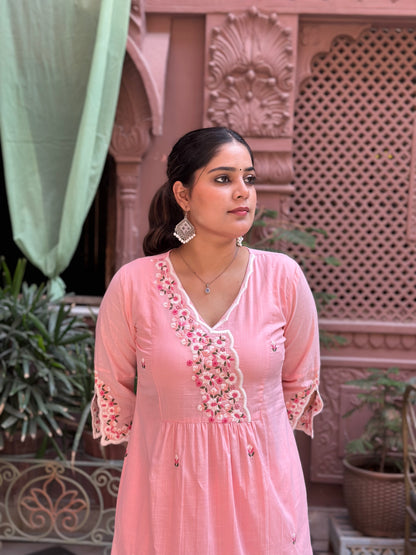 Women's Pink Embroidered Cotton Straight Kurta Set – Festive Wear (RR1012-Pink)