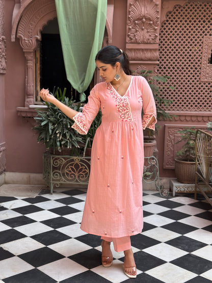 Women's Pink Embroidered Cotton Straight Kurta Set – Festive Wear (RR1012-Pink)