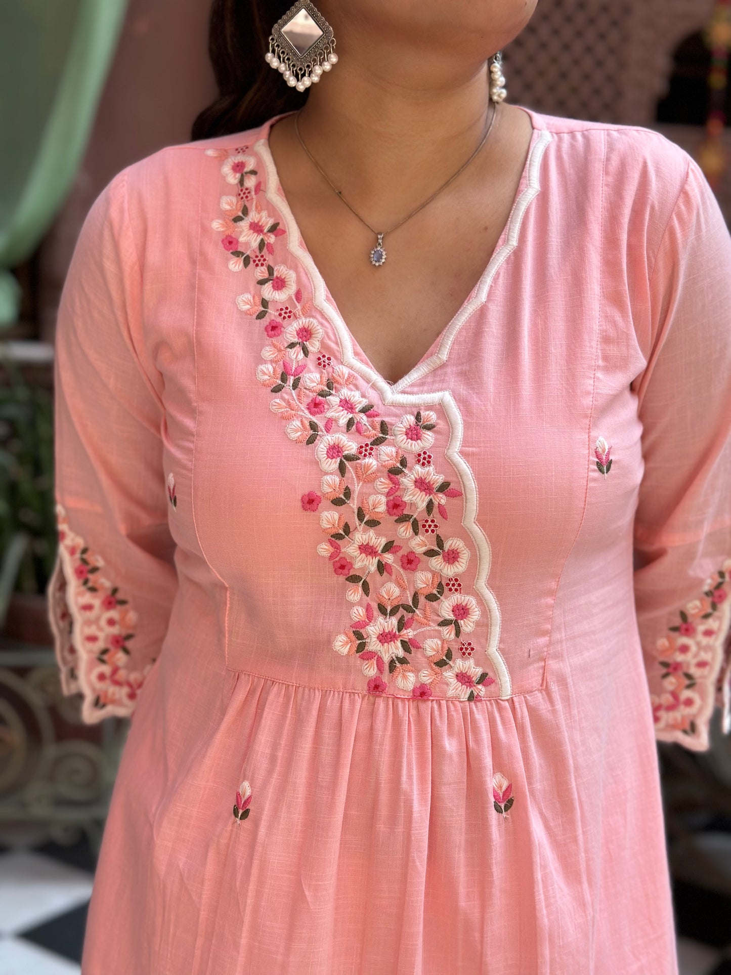 Women's Pink Embroidered Cotton Straight Kurta Set – Festive Wear (RR1012-Pink)