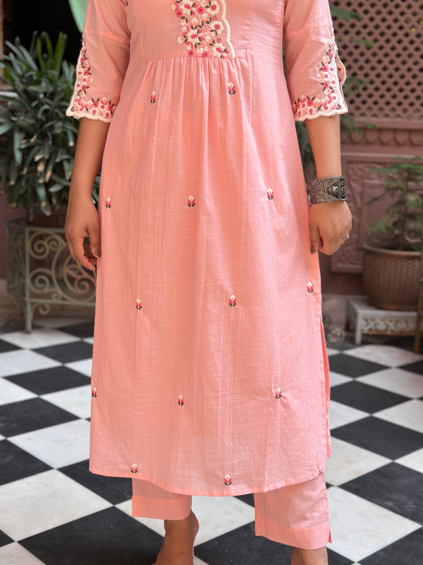 Women's Pink Embroidered Cotton Straight Kurta Set – Festive Wear (RR1012-Pink)