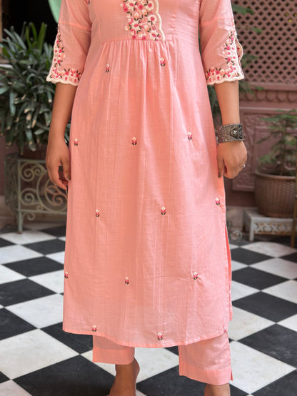 Women's Pink Embroidered Cotton Straight Kurta Set – Festive Wear (RR1012-Pink)