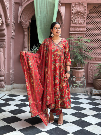 Women's Red Embroidered Cotton Anarkali Kurta Set with Adda Work – Festive Wear (RR1013-Red)