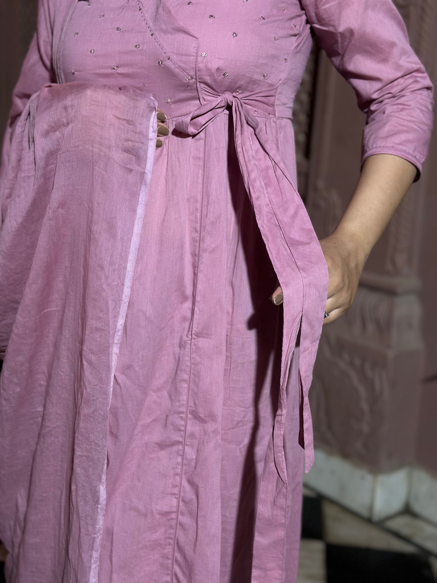 Lavender Angrakha Kurta Set – Pure Cotton, Adda Work, Festive Wear (RR1048-Lavender)