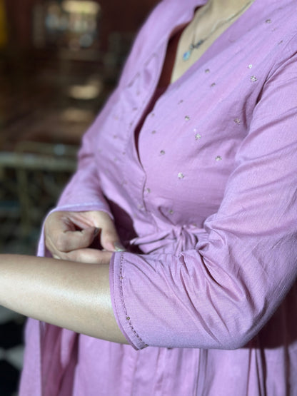 Lavender Angrakha Kurta Set – Pure Cotton, Adda Work, Festive Wear (RR1048-Lavender)