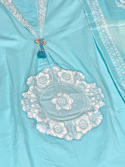 Skyblue Anarkali Cotton Kurta Set – Thread Embroidery Festive Wear (RR1373-Skyblue)