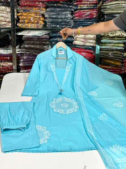 Skyblue Anarkali Cotton Kurta Set – Thread Embroidery Festive Wear (RR1373-Skyblue)