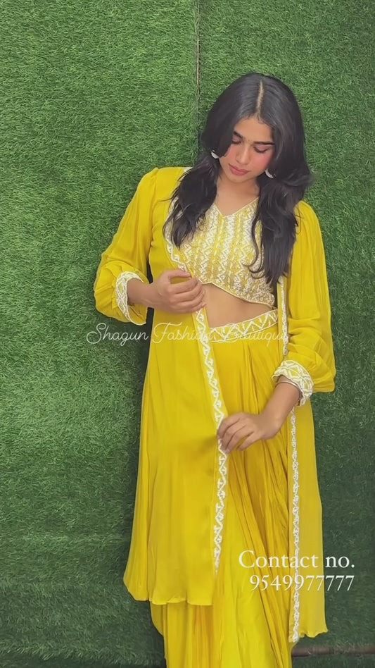 Indo Western dress Party wear Indian Yellow Dhoti Pant with Embroidered Crop Top and Floral Organza Shrug for Haldi and Wedding